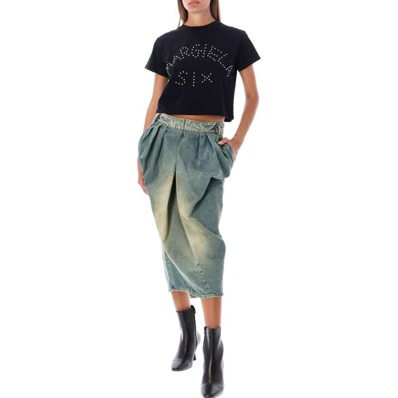 Shop Maison Margiela 2022秋冬蓝色褶皱开衩牛仔裙 SI0MA0006S30561975