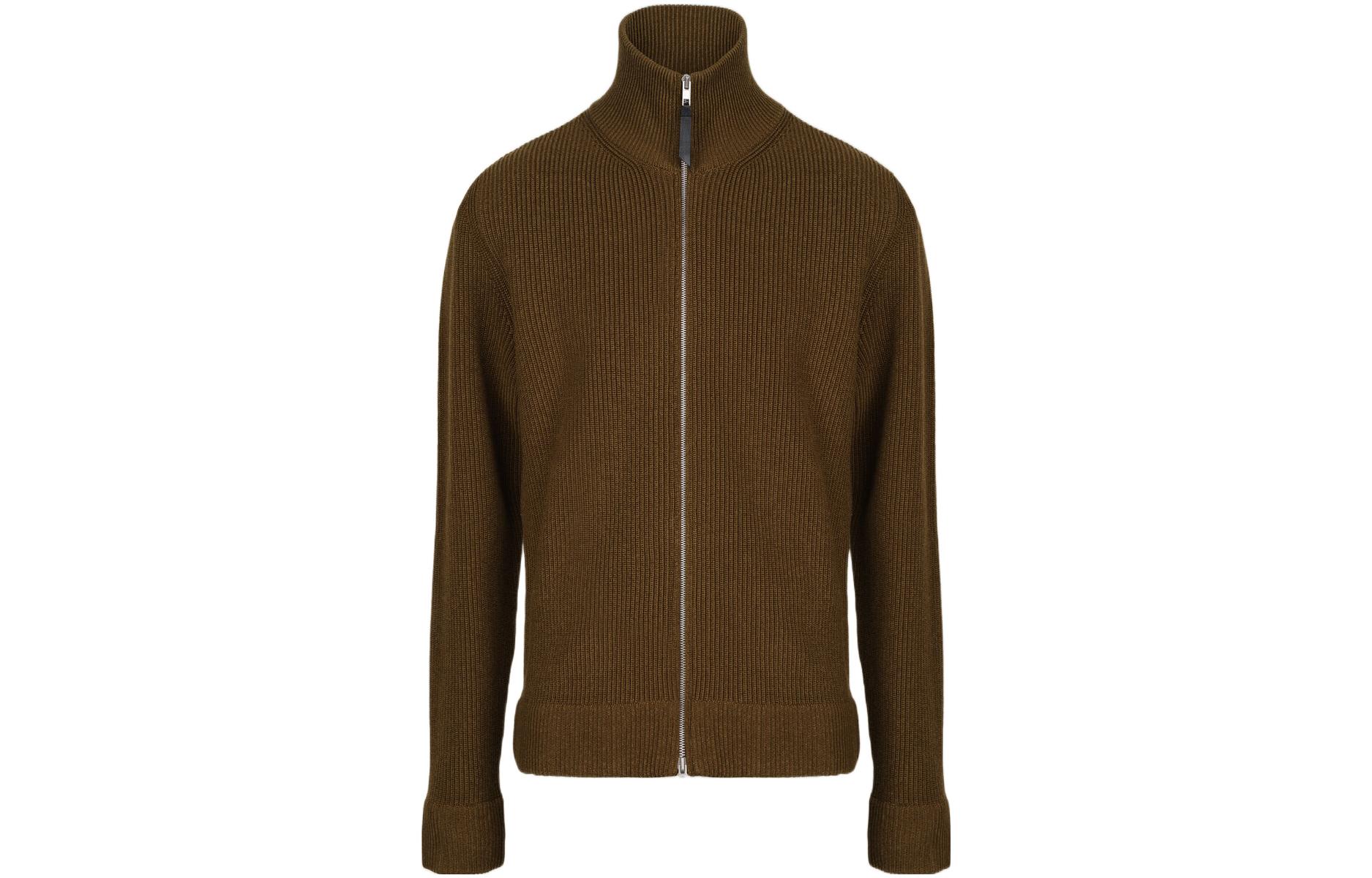 Maison Margiela FW22 Unisex Solid Zip-Up Ribbed Knit Sweater Deep Brown. SI1HA0013S17781728F