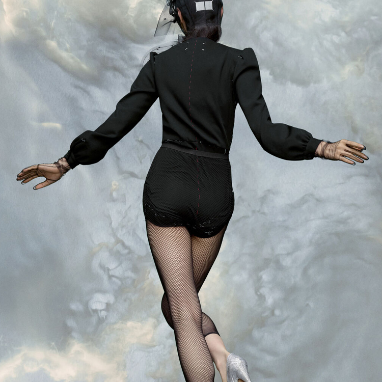 Shop Maison Margiela FW23 对比领长袖连衣裙 黑色 S29FP0132S78377900