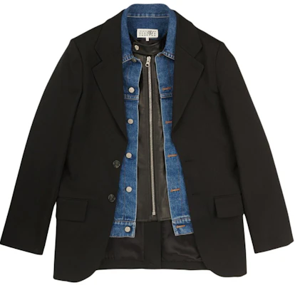 Maison Margiela 男士黑色拼接单排扣修身牛仔西装外套 S62BN0084S47848900 Buy Maison Margiela 男士黑色拼接单排扣修身牛仔西装外套 S62BN0084S47848900