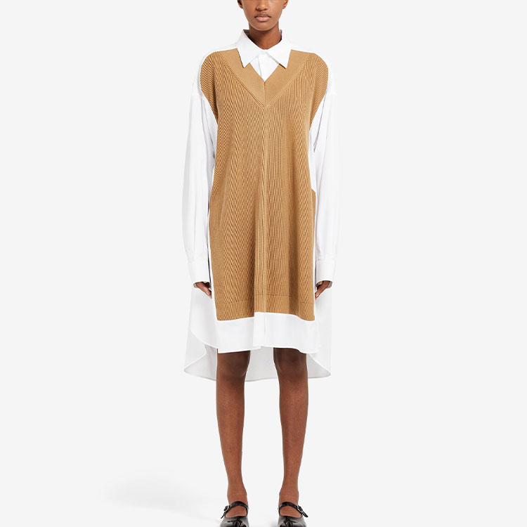 Lookbook Maison Margiela SS22棕色拼接V领宽松长袖中长连衣裙 S51DL0356S43001988