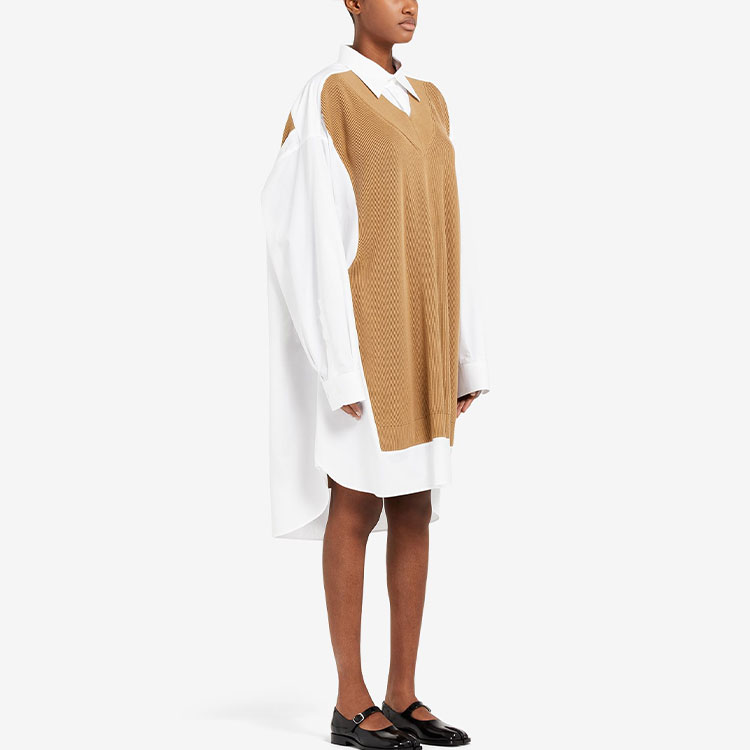 Purchase Maison Margiela SS22棕色拼接V领宽松长袖中长连衣裙 S51DL0356S43001988