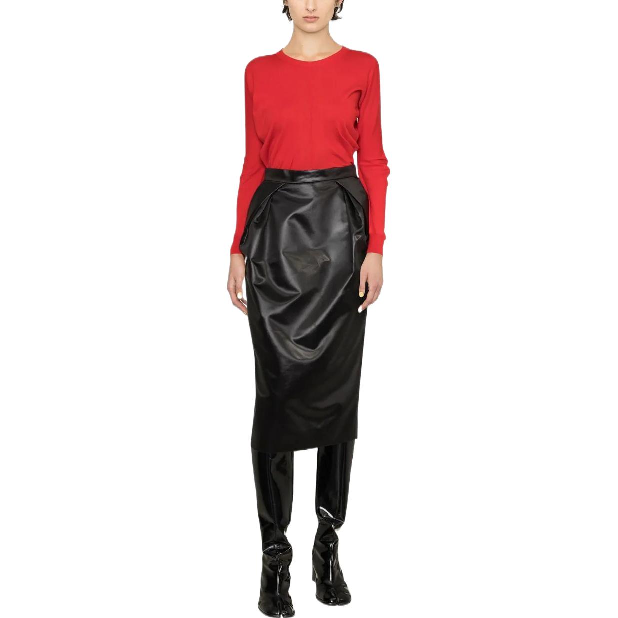 Shop Maison Margiela 2023春夏黑色皮革拼接百褶中长裙 S51ME0006S60532-900