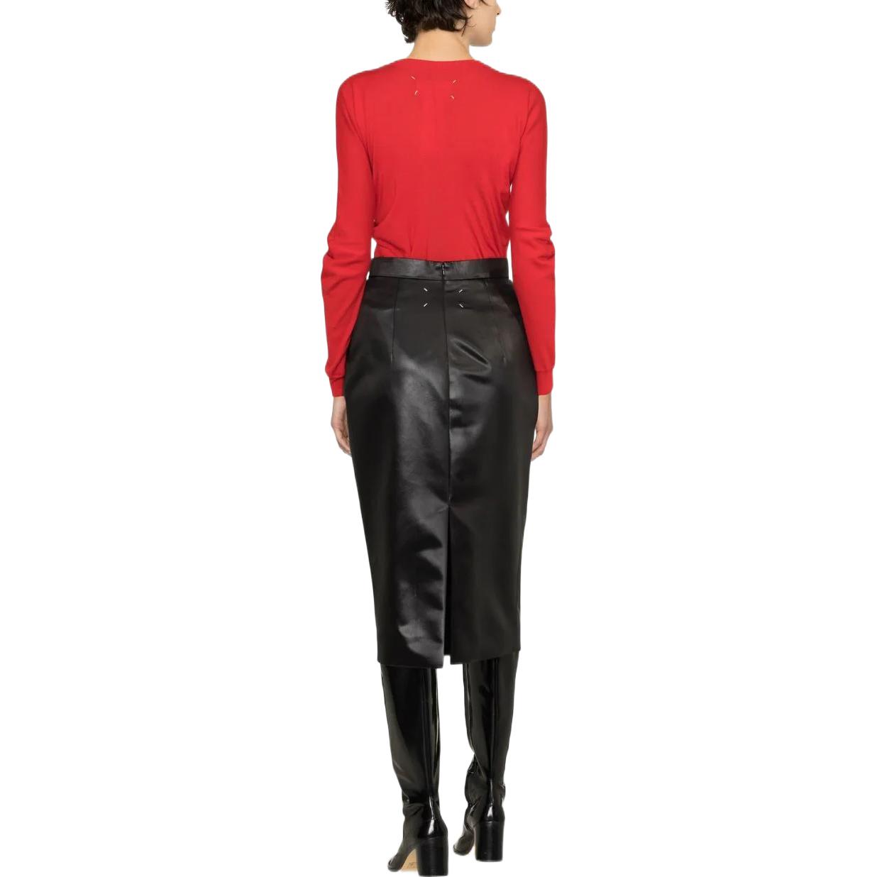 Purchase Maison Margiela 2023春夏黑色皮革拼接百褶中长裙 S51ME0006S60532-900