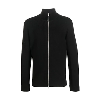 Maison Margiela Unisex FW22 Black Wool Knit Cardigan Jacket with Ribbed Zip-Up Collar. SI1HA0013S17781900F