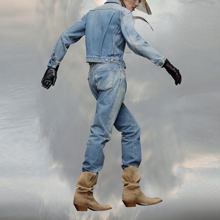 Shop Maison Margiela x Pendleton FW23 Jaket Denim Vintage Jahitan Biru Uniseks. S67AM0058S30561984