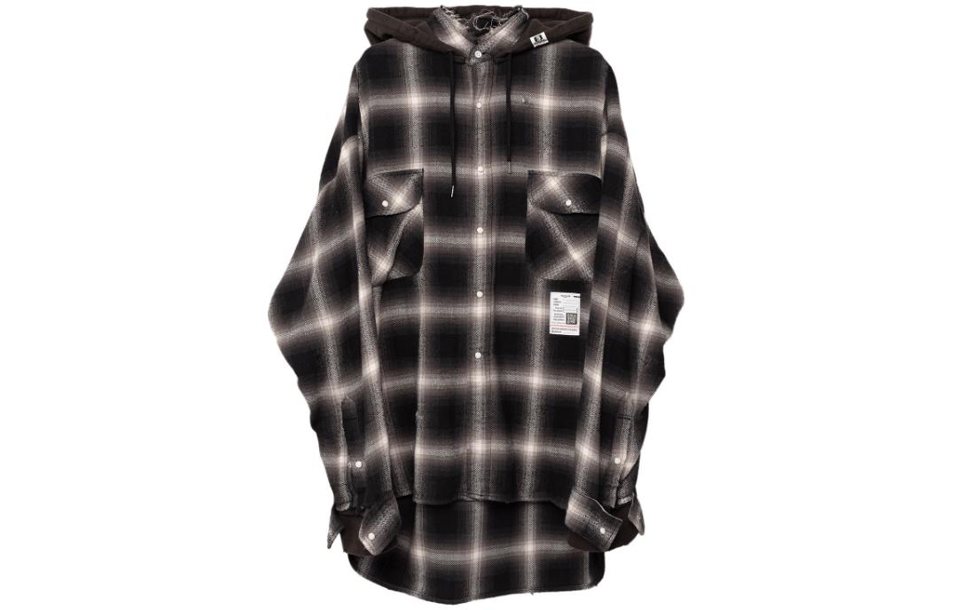 Maison Mihara Yasuhiro Mihara Yasuhiro Plaid Button-Up Hooded Fitted Long-Sleeve Shirt Black Mens. J12SH074-BLACK