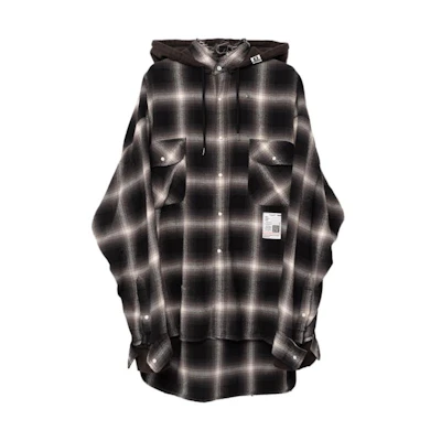 Maison Mihara Yasuhiro Mihara Yasuhiro Plaid Button-Up Hooded Fitted Long-Sleeve Shirt Black Mens. J12SH074-BLACK