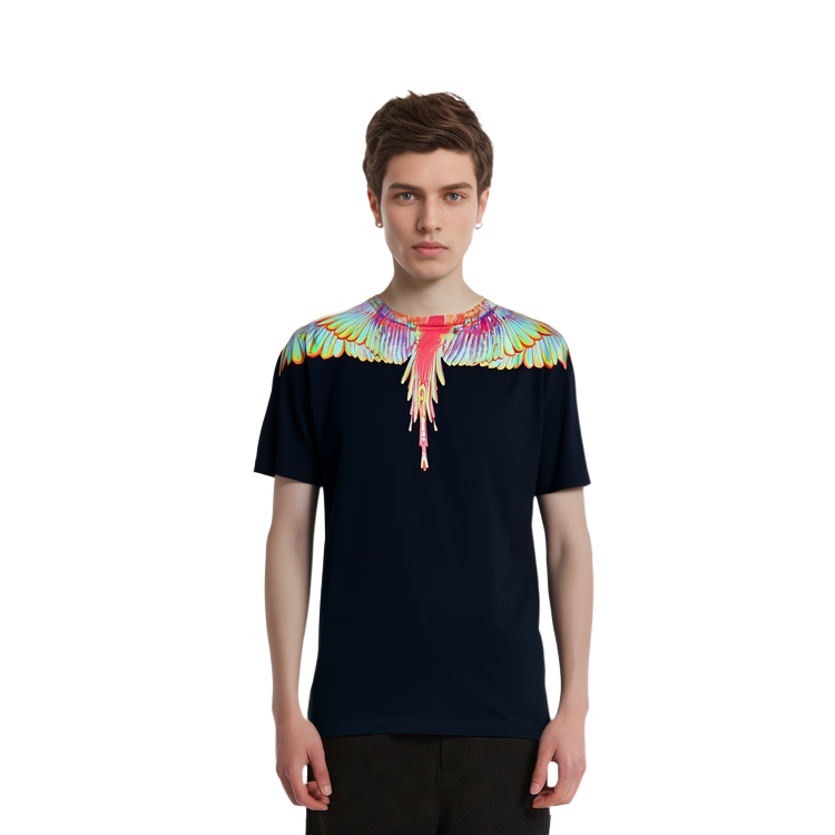 Sizing Camiseta Marcelo Burlon Negra con Estampado de Alas Fluorescentes. CMAA018R20JER0081040