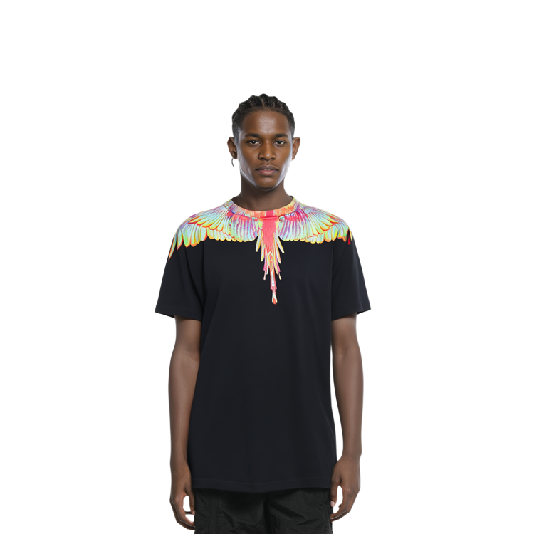Cheap Camiseta Marcelo Burlon Negra con Estampado de Alas Fluorescentes. CMAA018R20JER0081040