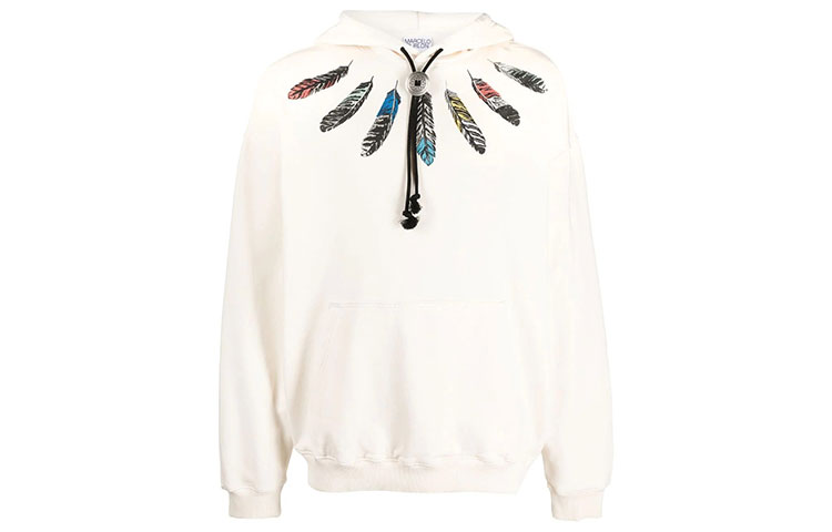 Marcelo Burlon FW22 Feather Print Drawstring Hoodie White CMBB040C99FLE0020125