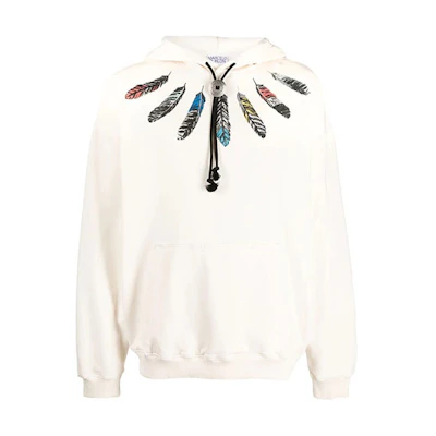Marcelo Burlon FW22 Feather Print Drawstring Hoodie White CMBB040C99FLE0020125