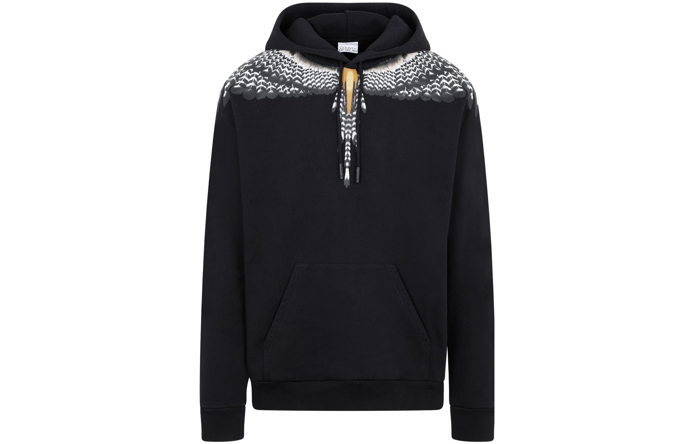 Order Marcelo Burlon FW22 黑色翅膀印花連帽長袖上衣 CMBB007F22FLE0021007