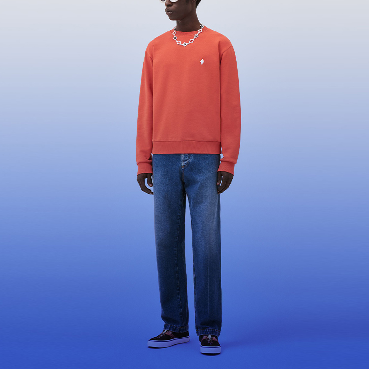 Shop 마르셀로 불론 FW23 크로스 로고 립 니트 크루넥 스웨터 오렌지 화이트 남성 CMBA009F23FLE0042001