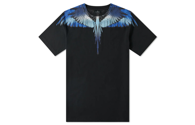 Marcelo Burlon Gradient Blue Wings Print Black Tee  Black Shirt. CMAA018S190010211088