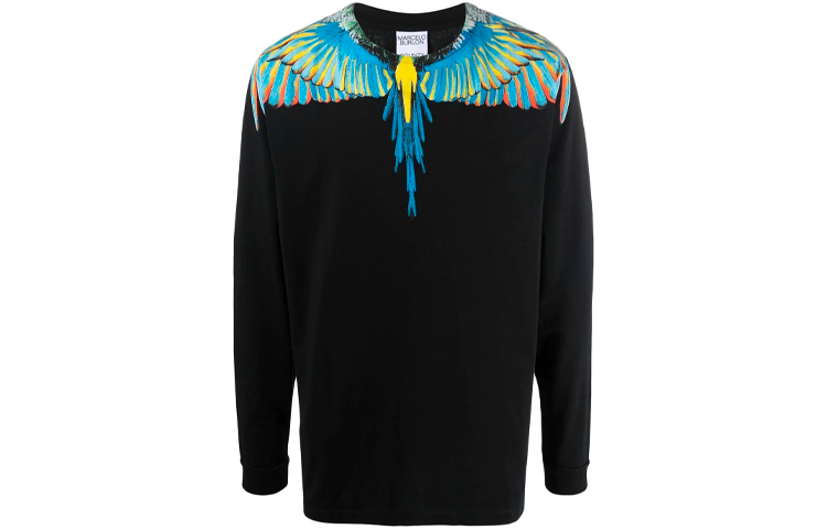 Marcelo Burlon SS21 Feather Graphic Black Long Sleeve Crewneck T-Shirt Men CMAB007S21JER0011045