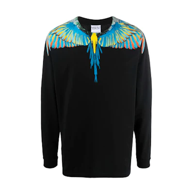 Marcelo Burlon SS21 Feather Graphic Black Long Sleeve Crewneck T-Shirt Men CMAB007S21JER0011045