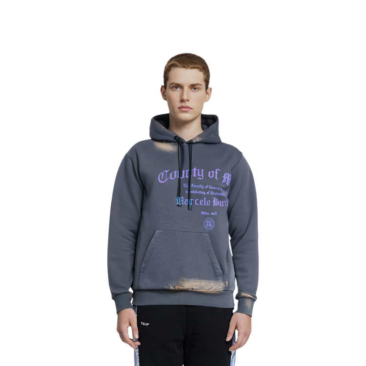 Sizing Marcelo Burlon SS21 Logo Print Bleached Hoodie Lelaki Kelabu. CMBB007R21FLE0054935