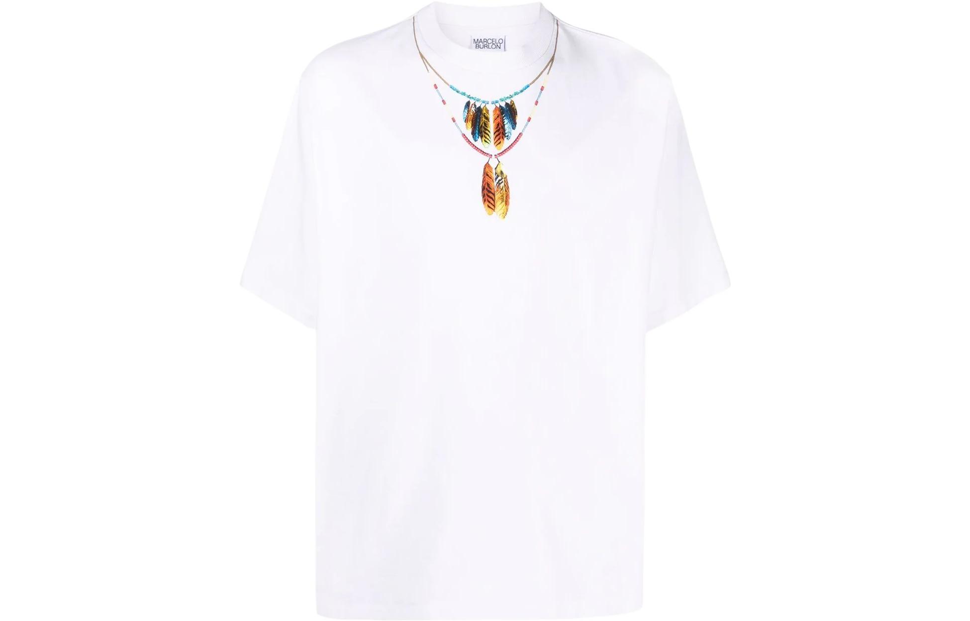 Marcelo Burlon SS22 Feather Necklace Print Crewneck T-Shirt White  Casual Tee CMAA054S22JER0050125
