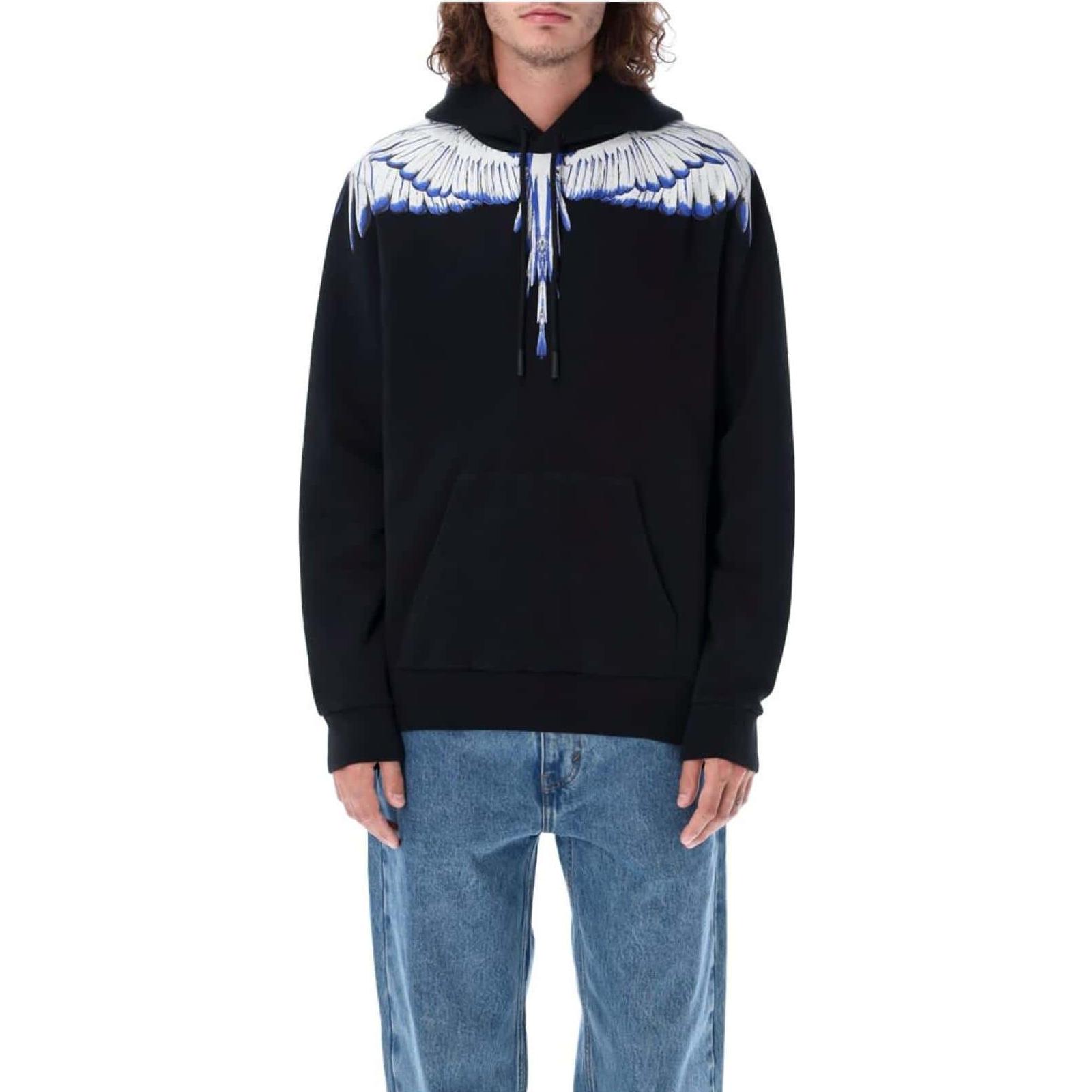 Sizing Marcelo Burlon SS22 翼印花連帽黑色男款長袖套頭衫。 CMBB007C99FLE0011001