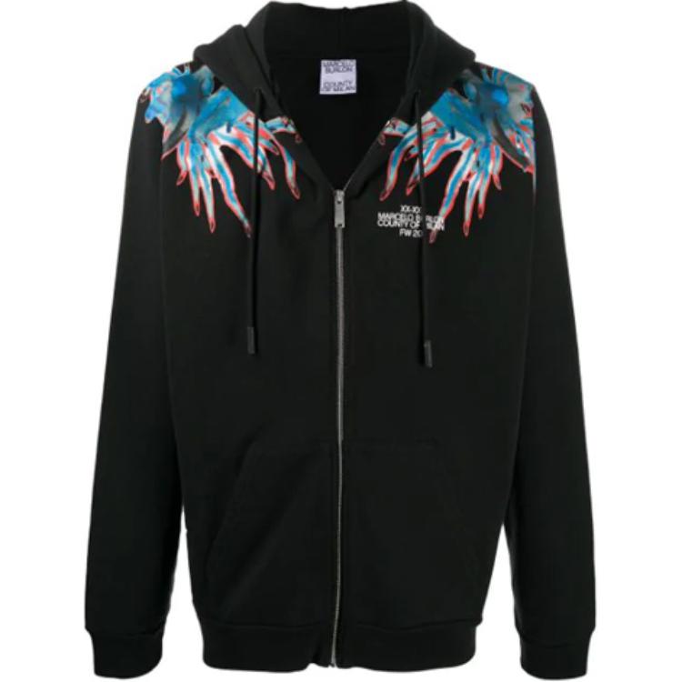 Marcelo Burlon Wing Print Hoodie Men’s Black Long Sleeve Pullover 222063UFE0000011010
