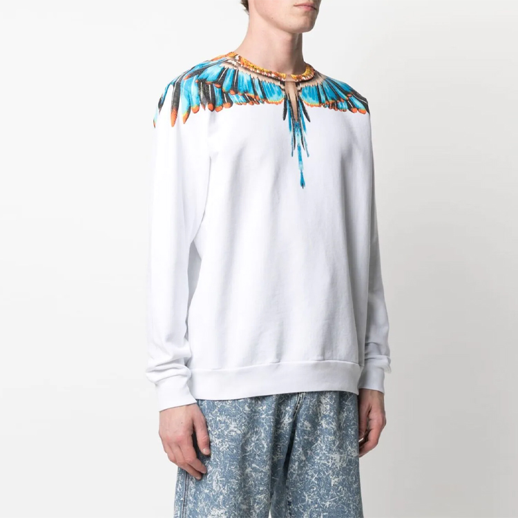 Shop Marcelo Burlon Wings SS21 Sweatshirt Putih Crewneck dengan Cetakan Sayap CMBA009S21FLE0010140