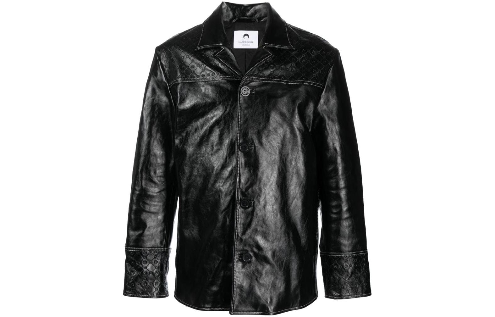 Marine Serre Black Leather Single-Breasted Long-Sleeve Jacket for Men MJA023BK99