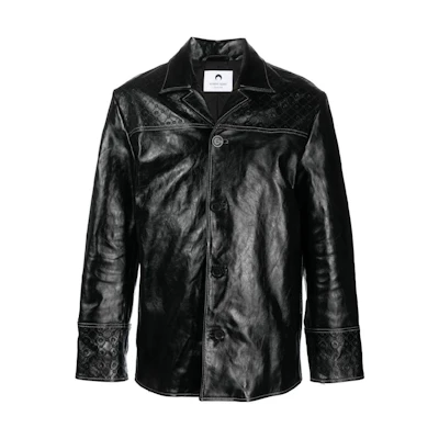 Marine Serre Black Leather Straight-Cut Long-Sleeve Jacket for Men J086SS23MULEALE021