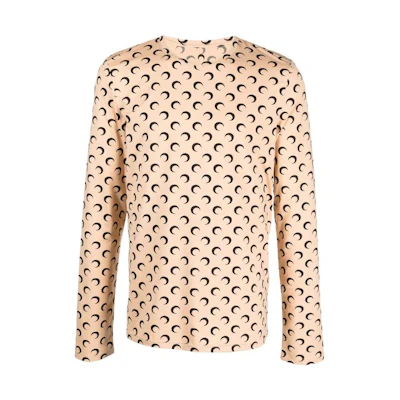 Marine Serre FW23 Crewneck Long Sleeve T-Shirt Beige with Moon Print MTO091TA10