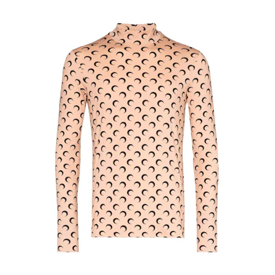 Marine Serre SS22 Logo All-Over Print High Neck Long Sleeve Tee Beige T088ICONMSS2209