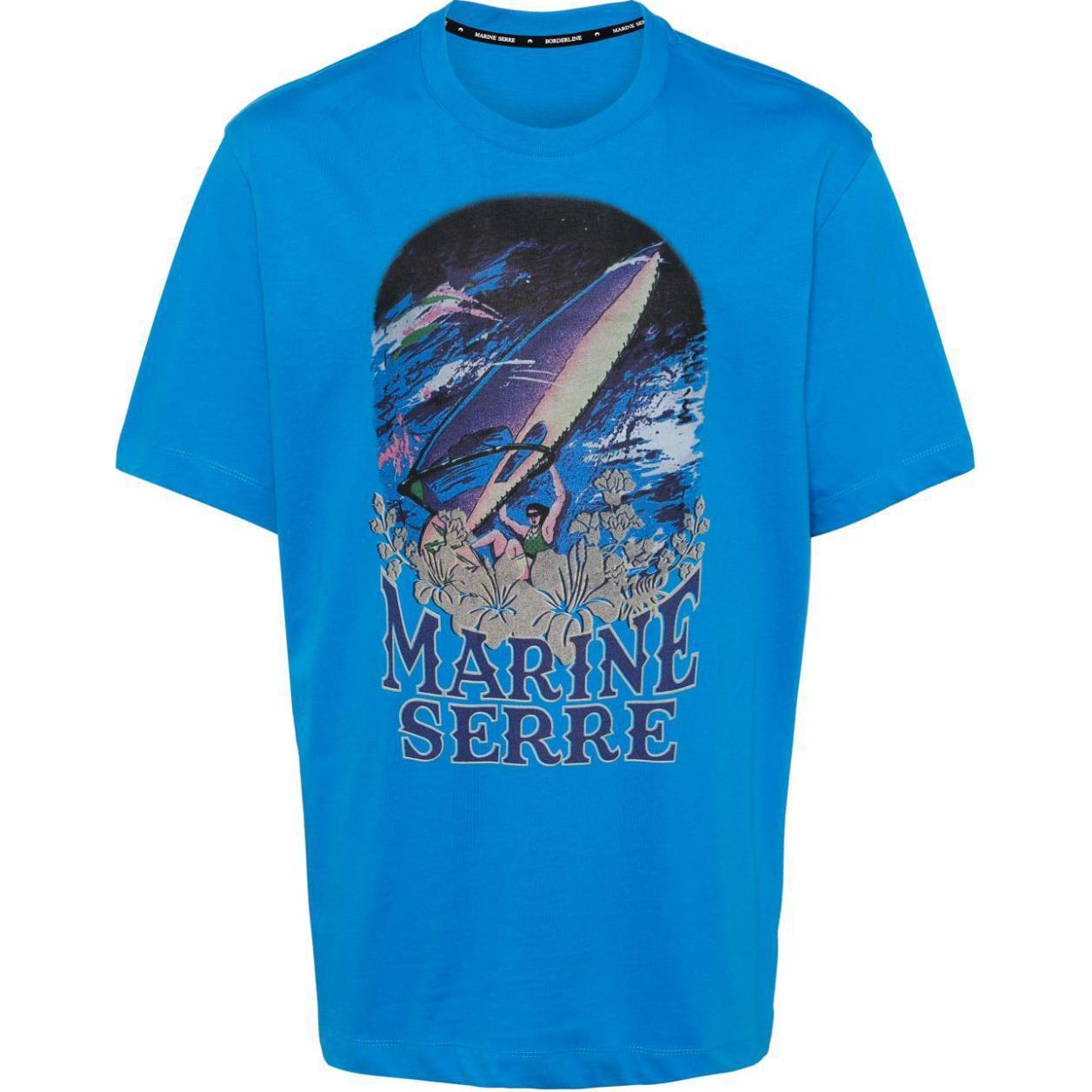 Marine Serre SS24 Letter Print Crewneck Short Sleeve T-Shirt Blue  Tee UTO099CJER0009-BLUE