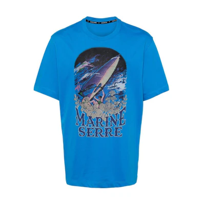 Marine Serre SS24 Letter Print Crewneck Short Sleeve T-Shirt Blue Tee UTO099CJER0009-BLUE