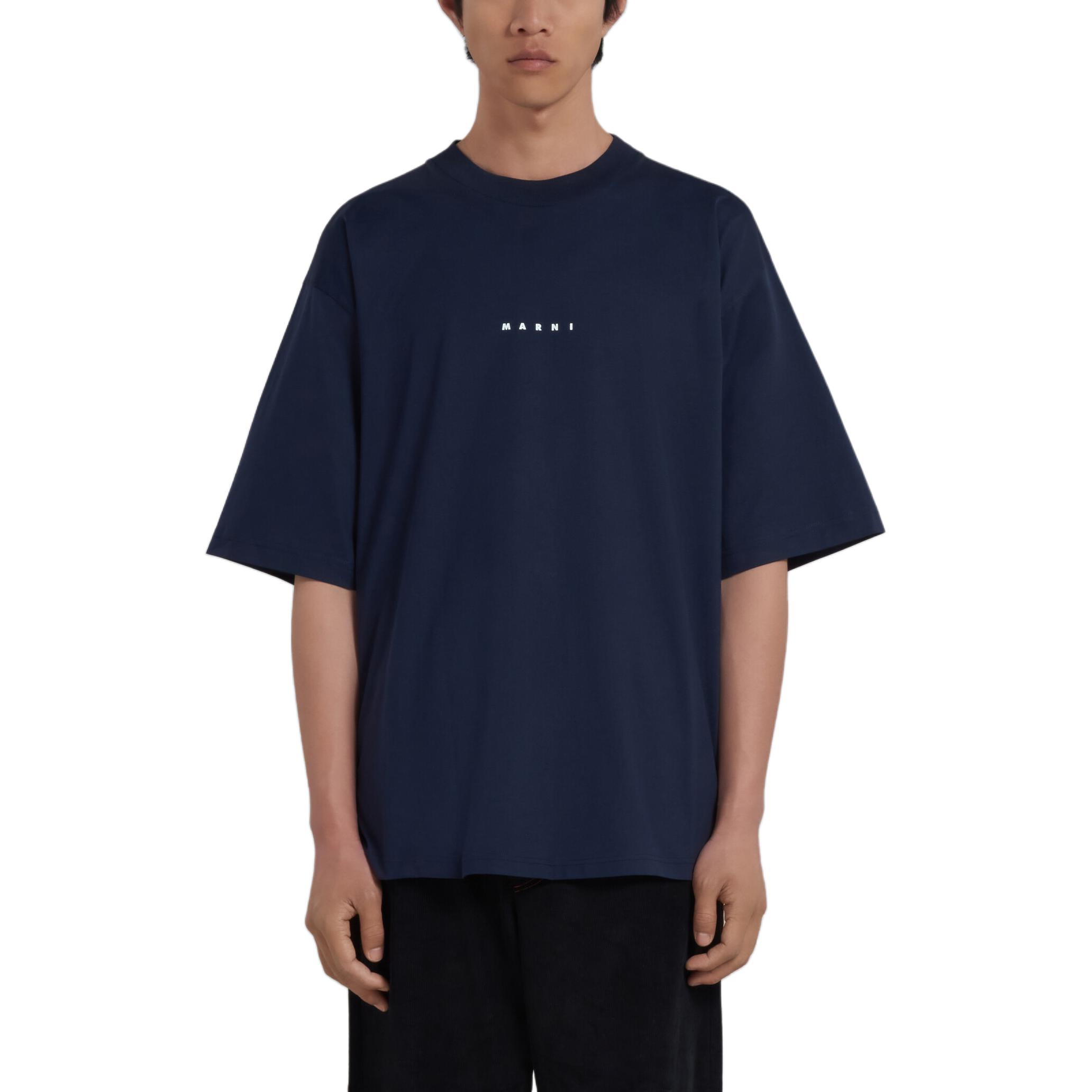 Lookbook マルニ ブルーブラック ロゴ ラウンドネック 半袖Tシャツ HUMU0223P1SCS87LOB99