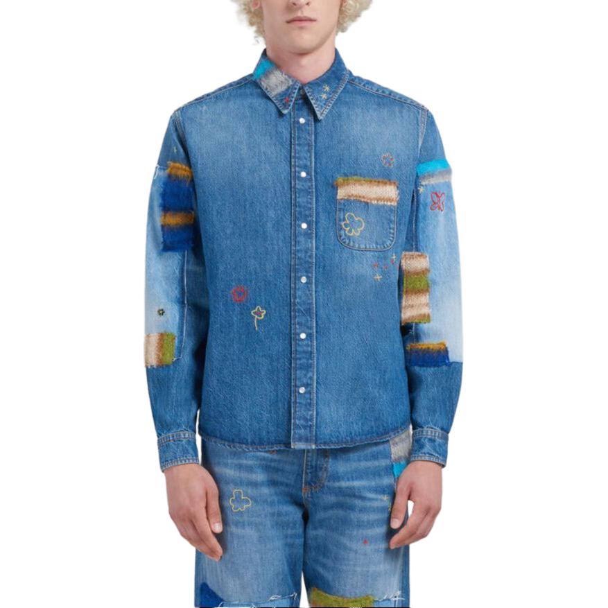 Shop MARNI 藍色長袖外套，花卉刺繡搭配拼色設計 CUJU0015L4USCW23SDB50