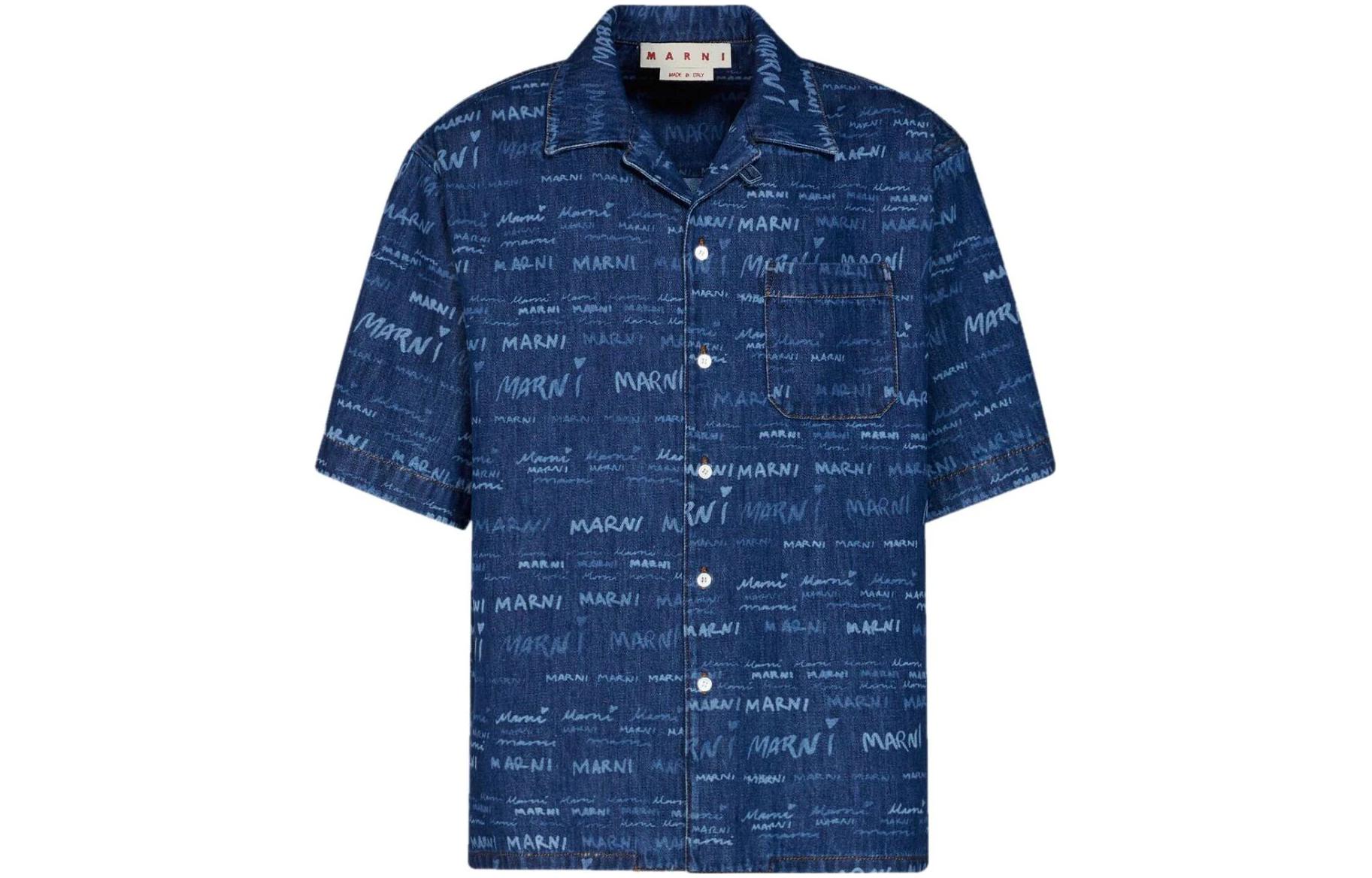 MARNI  Blue Short-Sleeve Shirt with Letter Print and Square Neck Design. CUJU0017A0-USCV36-JQB50