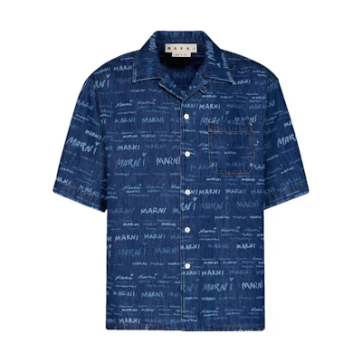 MARNI Blue Short-Sleeve Shirt with Letter Print and Square Neck Design. CUJU0017A0-USCV36-JQB50