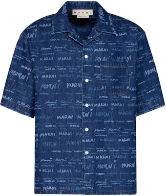 MARNI Blue Short-Sleeve Shirt with Letter Print and Square Neck Design. CUJU0017A0-USCV36-JQB50 Order MARNI Blue Short-Sleeve Shirt with Letter Print and Square Neck Design. CUJU0017A0-USCV36-JQB50