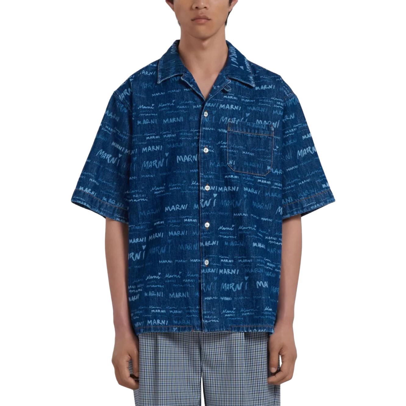 Lookbook マルニ ブルー 半袖シャツ レタープリント＆スクエアネックデザイン CUJU0017A0-USCV36-JQB50