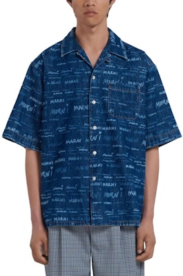 MARNI Blue Short-Sleeve Shirt with Letter Print and Square Neck Design. CUJU0017A0-USCV36-JQB50 Lookbook MARNI Blue Short-Sleeve Shirt with Letter Print and Square Neck Design. CUJU0017A0-USCV36-JQB50