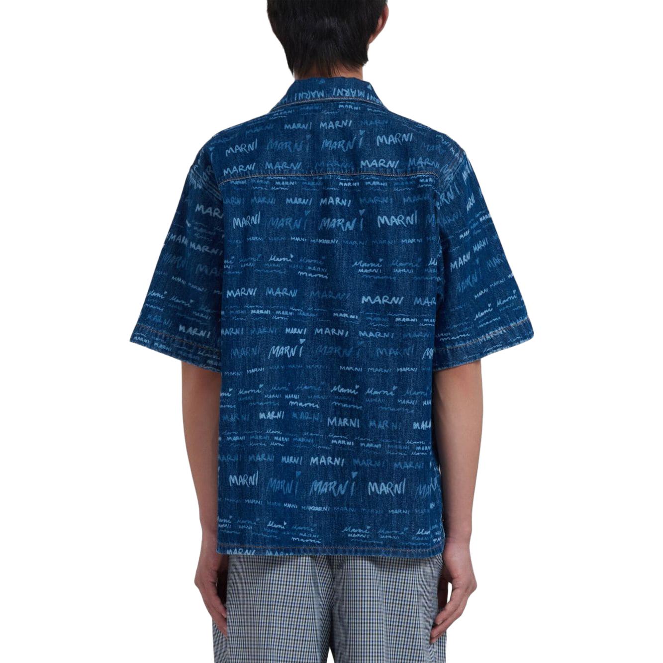 Shop マルニ ブルー 半袖シャツ レタープリント＆スクエアネックデザイン CUJU0017A0-USCV36-JQB50