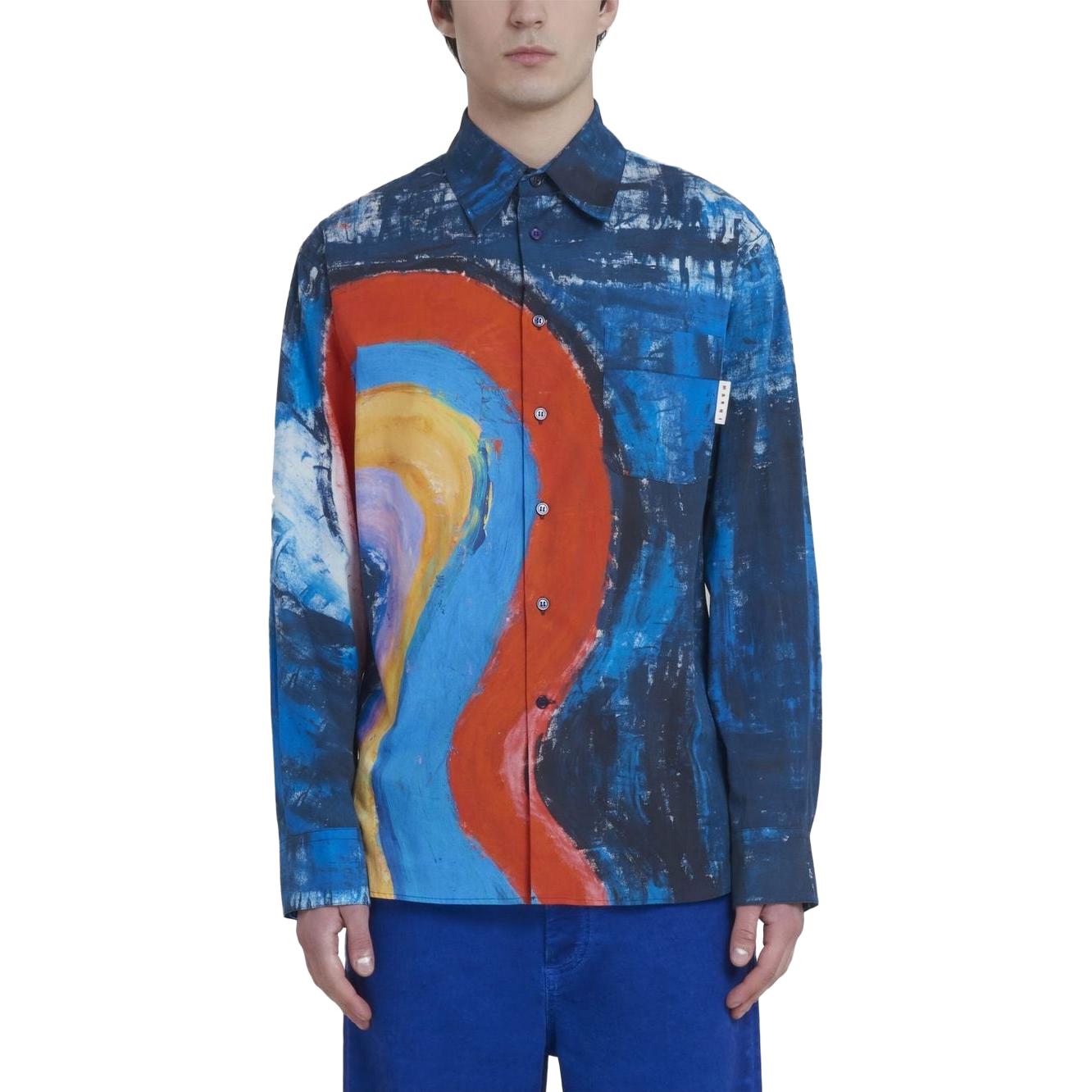 Lookbook 마르니 핸드 페인트 프린트 버튼업 블루 긴팔 셔츠 CUMU0212A0-UTC255-RAB56