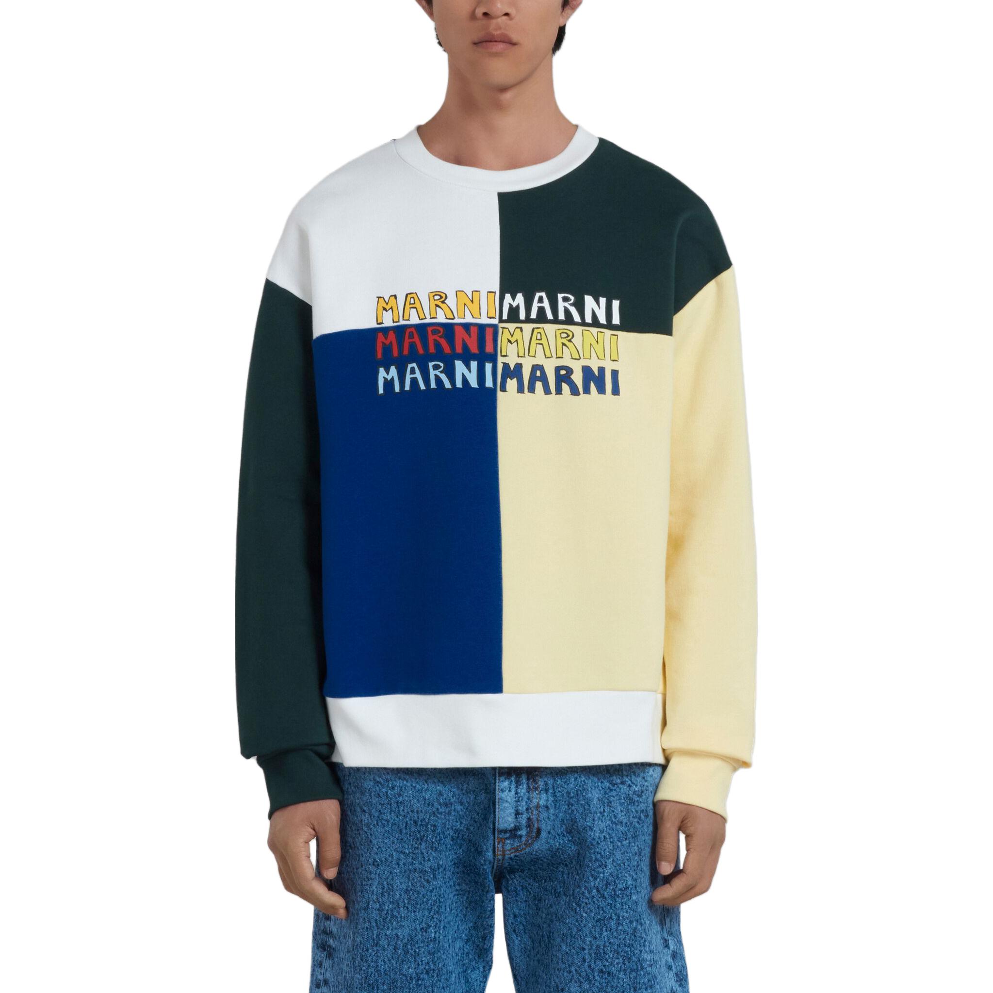 Shop MARNI 拼色長袖藍色印花LOGO衛衣 FUMU0074QP-USCV48-PLX99