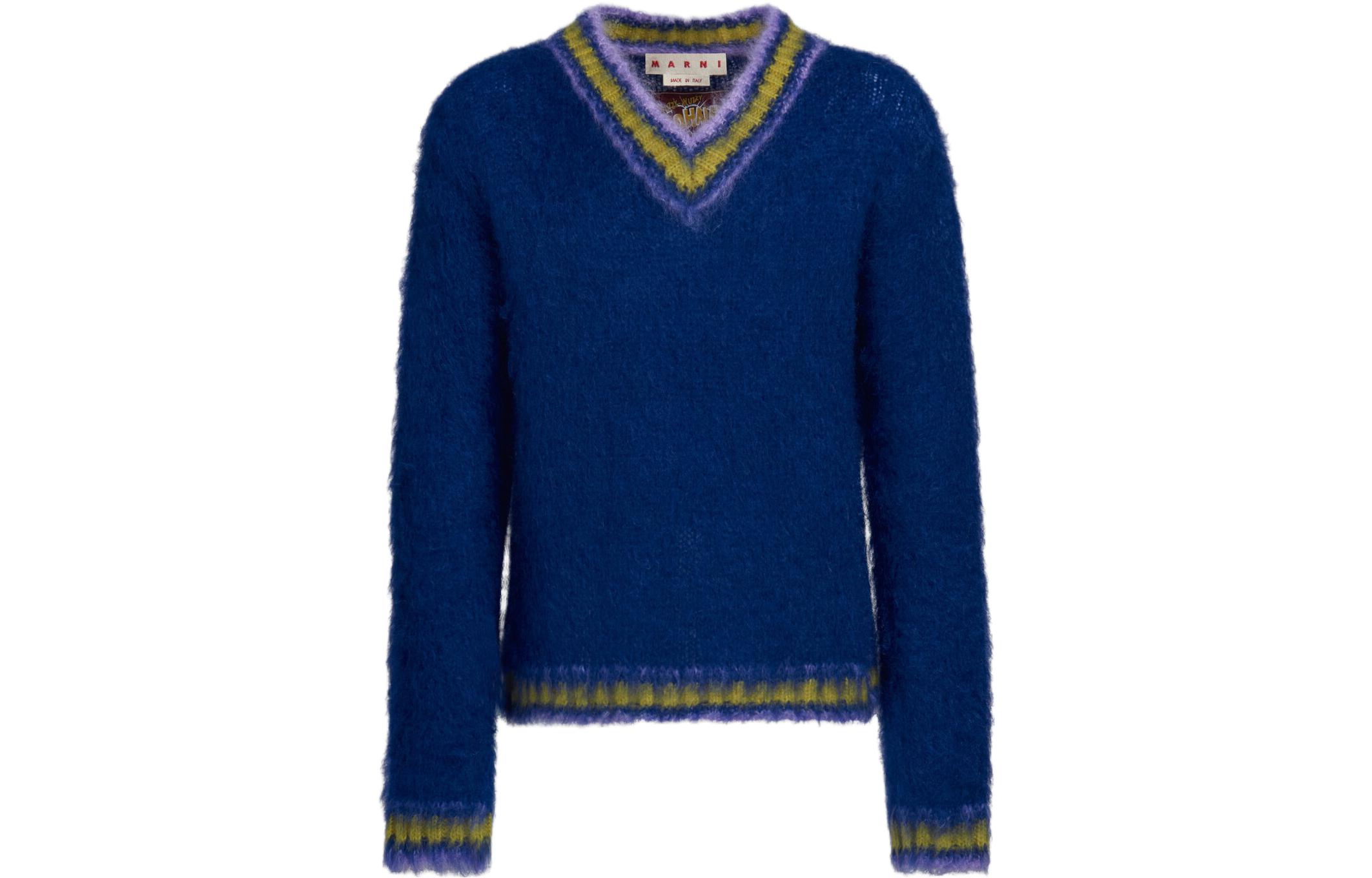 MARNI  V-Neck Striped Trim Knit Sweater Blue CVMG0097Q0-UFU108-00B56