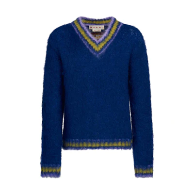 MARNI V-Neck Striped Trim Knit Sweater Blue CVMG0097Q0-UFU108-00B56