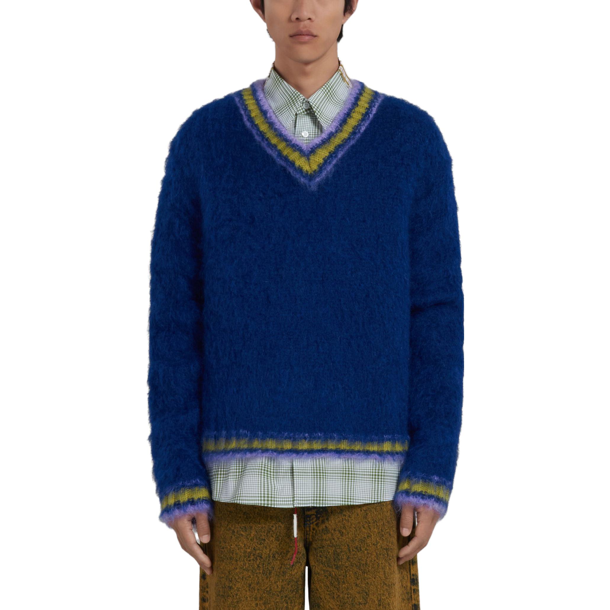 Lookbook 마르니 V넥 스트라이프 트림 니트 스웨터 블루 CVMG0097Q0-UFU108-00B56