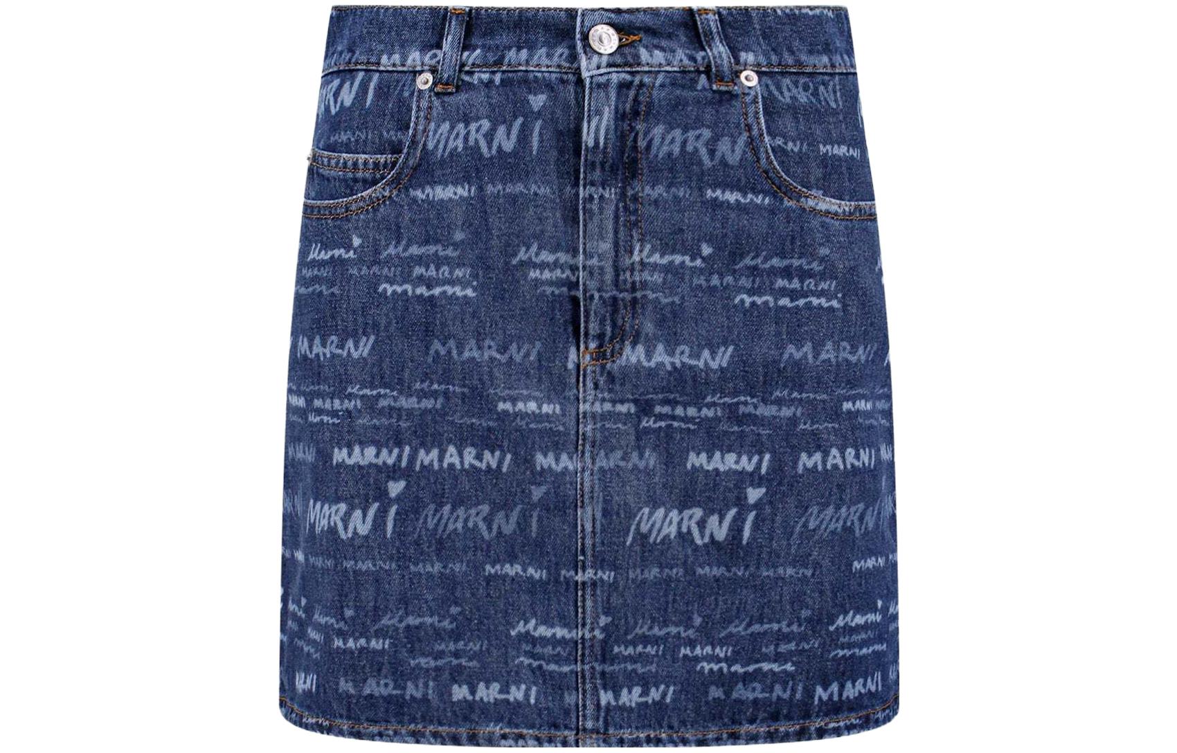 MARNI All-Over Letter Print Denim Mini Skirt Blue with Zip Closure. GOJD0457A0-USCV36-JQB50