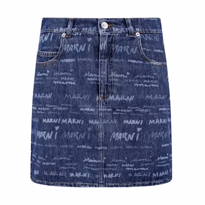 MARNI All-Over Letter Print Denim Mini Skirt Blue with Zip Closure. GOJD0457A0-USCV36-JQB50