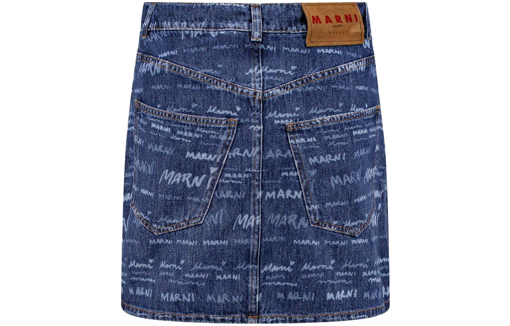 Lookbook マルニ オールオーバーレタープリント デニムミニスカート ブルー ジップ付き。 GOJD0457A0-USCV36-JQB50