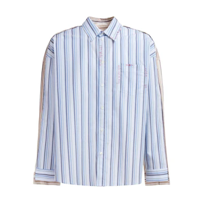 MARNI Blue Embroidered Striped Patchwork Long Sleeve Shirt CUMU0278QSUTC393-BLUE