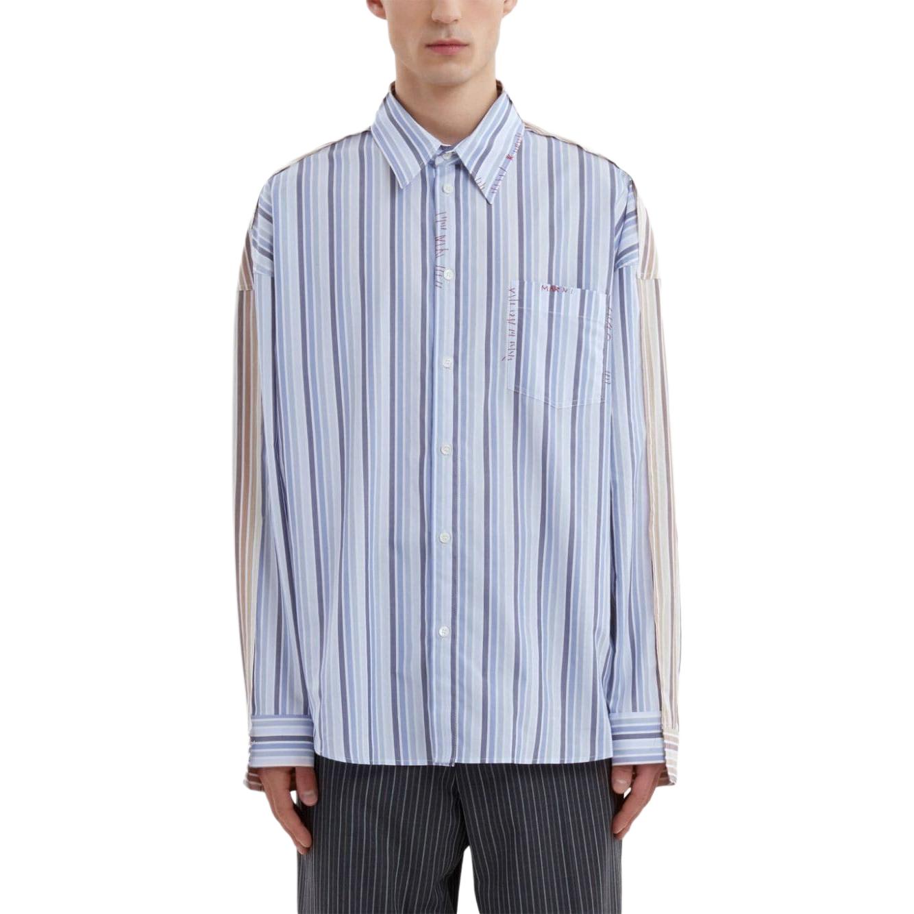 Lookbook MARNI Blue Embroidered Striped Patchwork Long Sleeve Shirt CUMU0278QSUTC393-BLUE